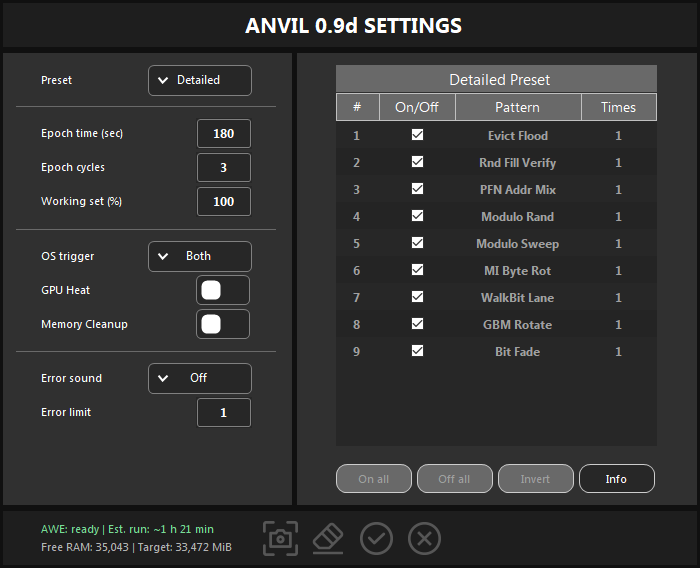 ANVIL SETTINGS with the Detailed preset: all nine patterns in a read-only table.