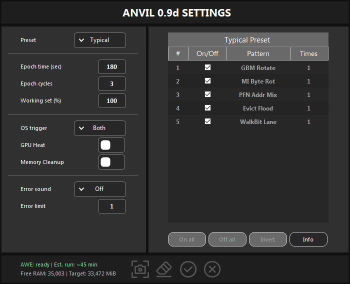ANVIL SETTINGS with the Typical preset: five patterns in a read-only table.
