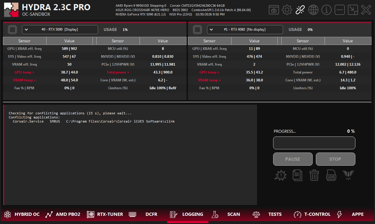 LOGGING tab after a conflict check. The log lists Corsair.Service using SMBUS from the Corsair iCUE5 Software folder.