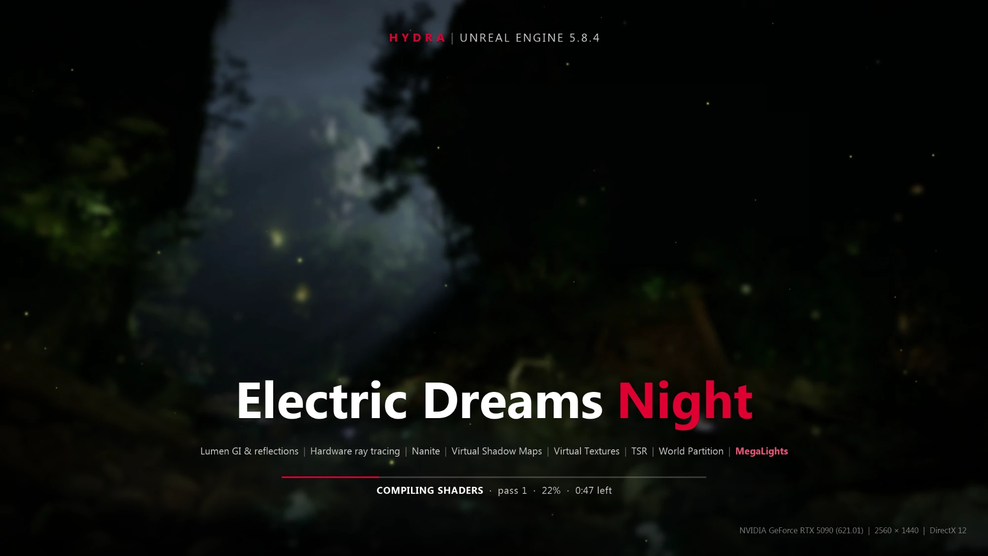 Electric Dreams Night loading screen compiling shaders: pass 1, 22 %, 0:47 left.