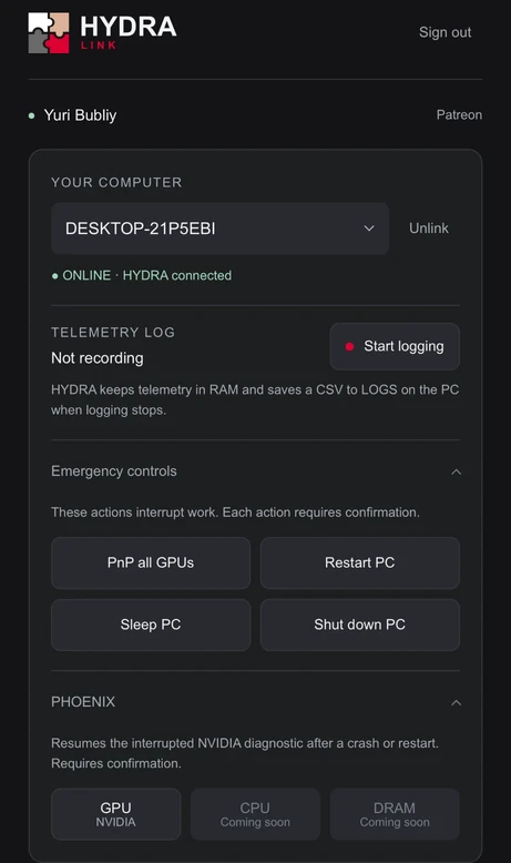 HYDRA LINK on a phone: the Patreon account with Sign out, YOUR COMPUTER with Unlink and the status ONLINE · HYDRA connected, TELEMETRY LOG with Start logging, Emergency controls with PnP all GPUs, Restart PC, Sleep PC and Shut down PC, and PHOENIX with GPU NVIDIA.