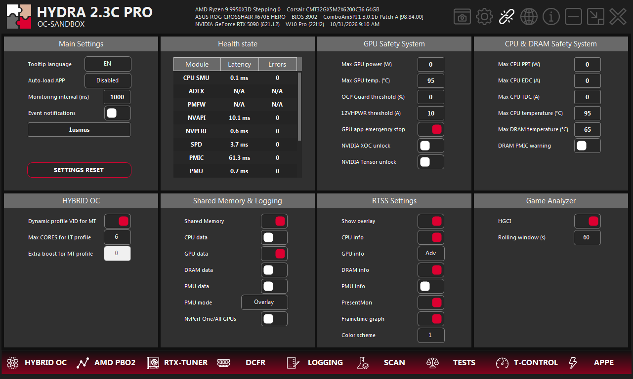 SETTINGS tab of HYDRA: Main Settings, Health state, GPU Safety System and CPU and DRAM Safety System panels in the top row.