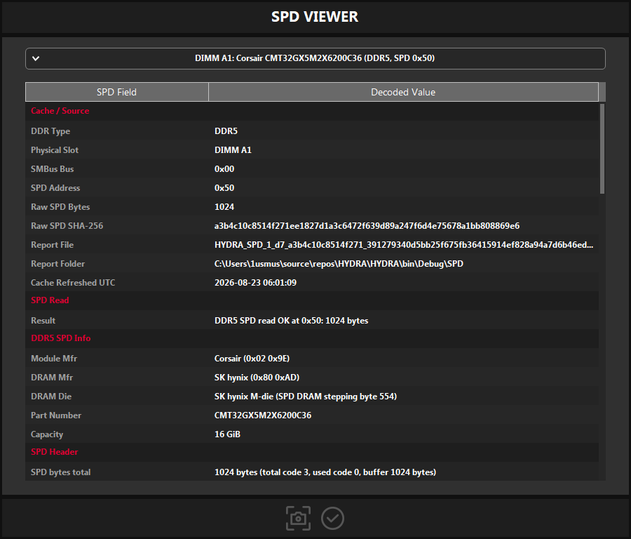 SPD VIEWER window for DIMM A1, a Corsair CMT32GX5M2X6200C36 DDR5 module with SK hynix M-die.