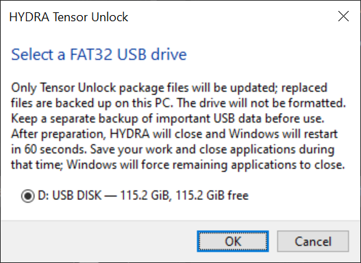 HYDRA Tensor Unlock dialog Select a FAT32 USB drive, with drive D: USB DISK, 115.2 GiB, selected.
